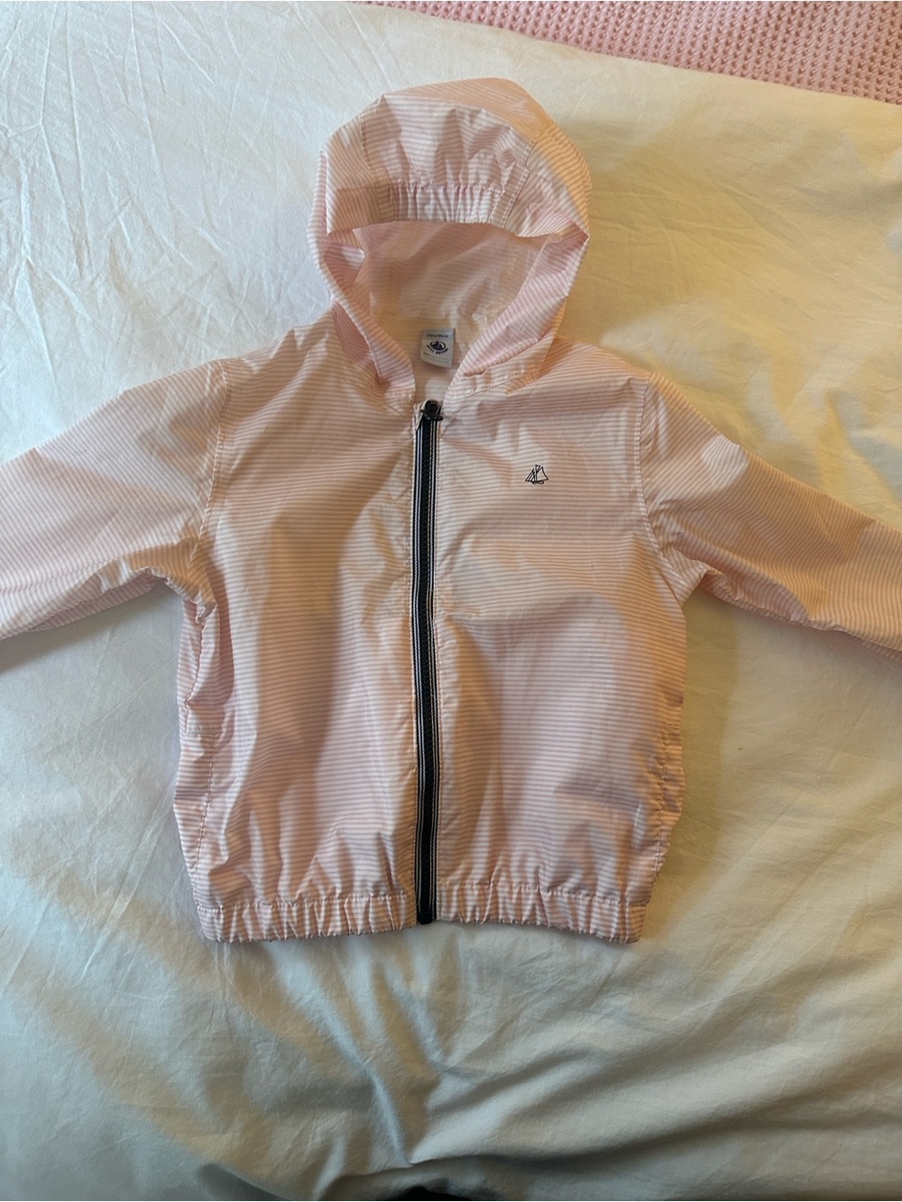 Petit Bateau Lightweight Pink and Whit Stripe Girls Rain Jacket